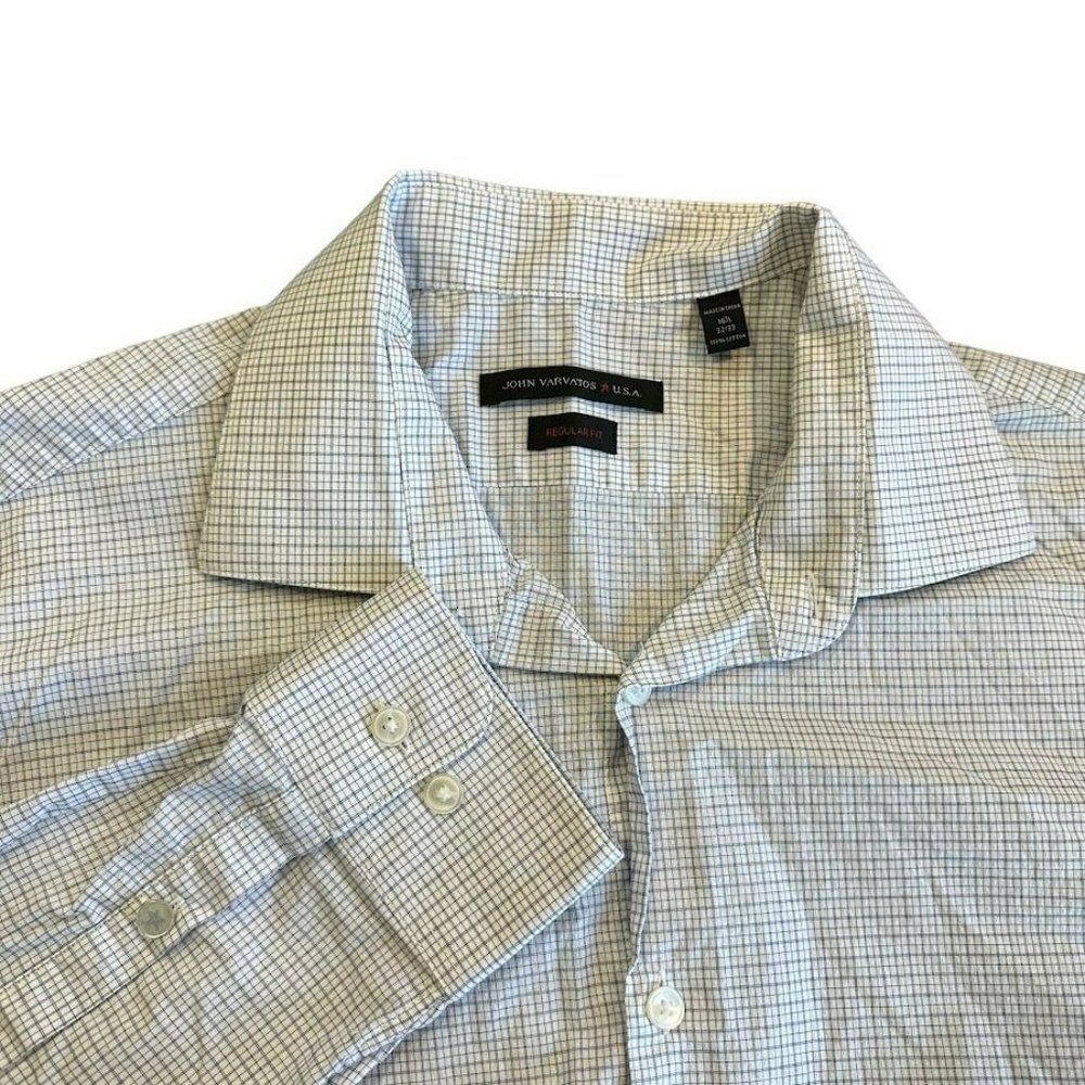 John Varvatos White Navy Blue Check Long Sleeve Button Shirt Mens 16.5 (L)